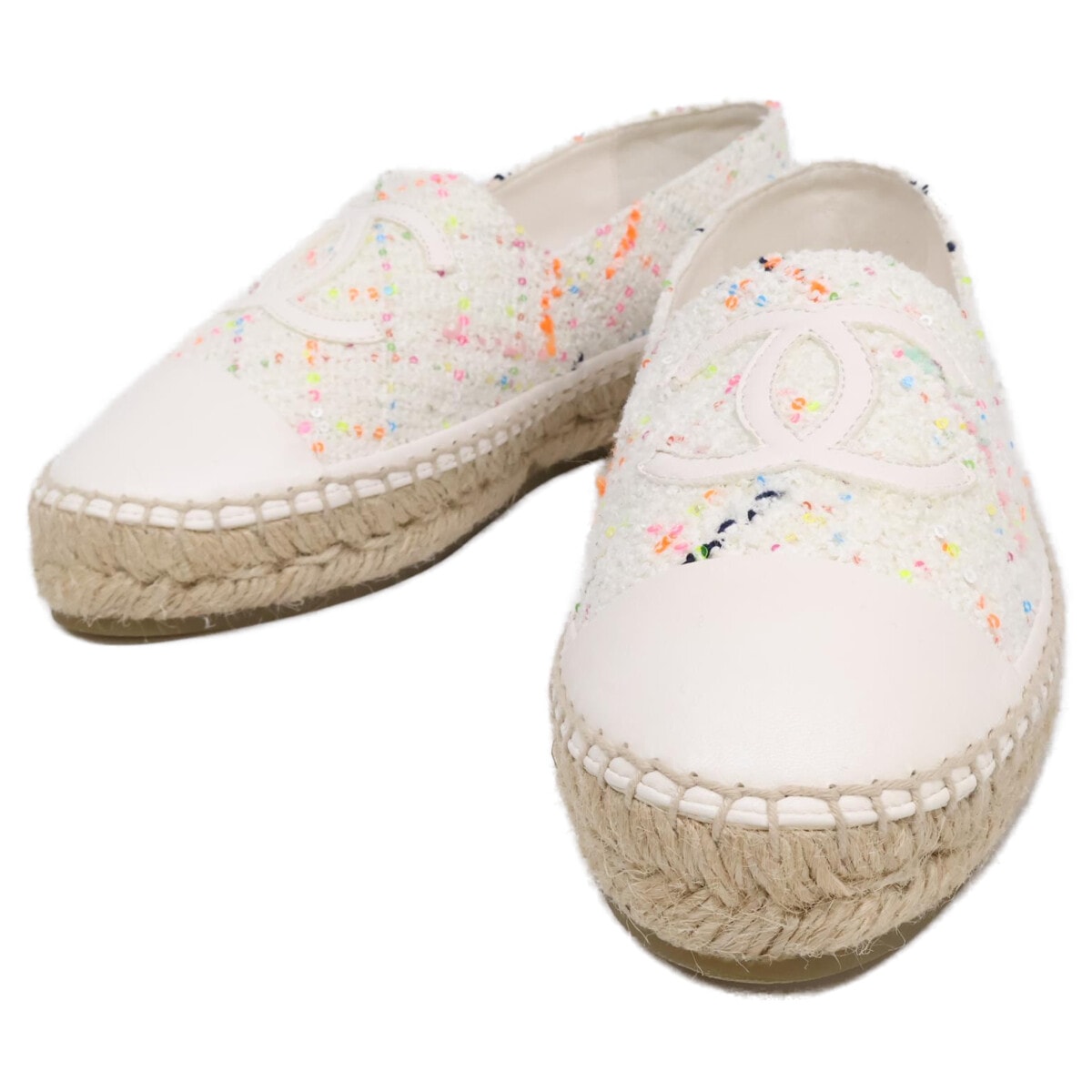 シャネル 24C Z G29762 B15327 ホワイト ココマーク ツイード×レザー エスパドリーユ シューズ 37C