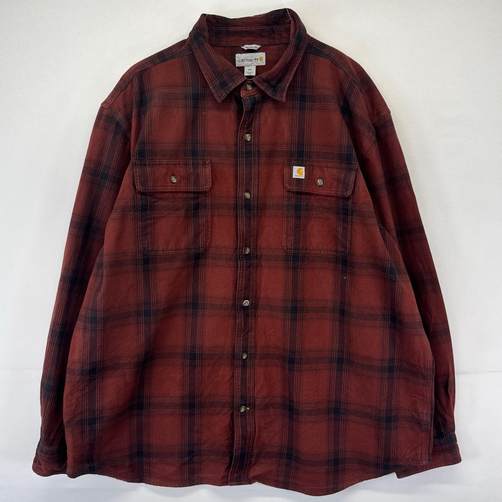 古着 カーハート Carhartt 長袖シャツ ネルシャツ ワンポイントロゴ 胸ポケット 2XL  ブラウン系 チェック メンズ