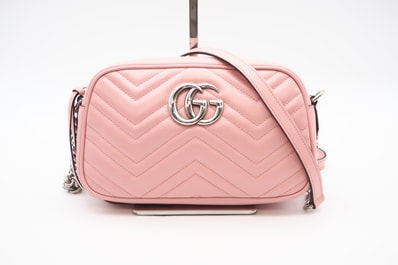 極美品 GUCCI グッチ GGマーモント スモール カメラバッグ 447632 ショルダーバッグ ピンク カーフレザー レディース