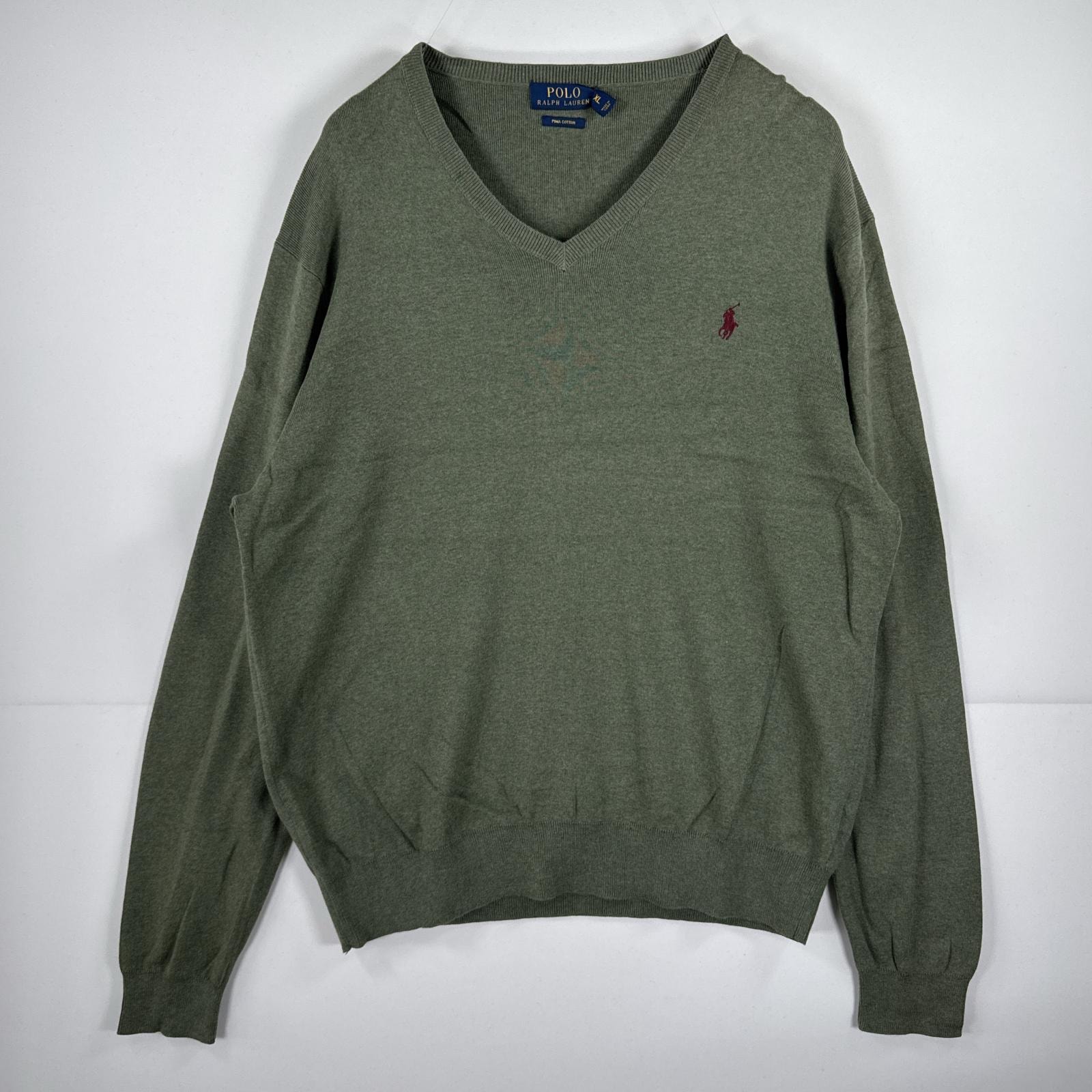 古着 ポロ・ラルフローレン POLO RALPH LAUREN 長袖 セーター ニット Vネック ワンポイント 刺繍 コットン  グリーン系 無地 メンズ