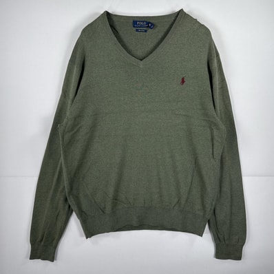 古着 ポロ・ラルフローレン POLO RALPH LAUREN 長袖 セーター ニット Vネック ワンポイント 刺繍 コットン グリーン系 無地 メンズ