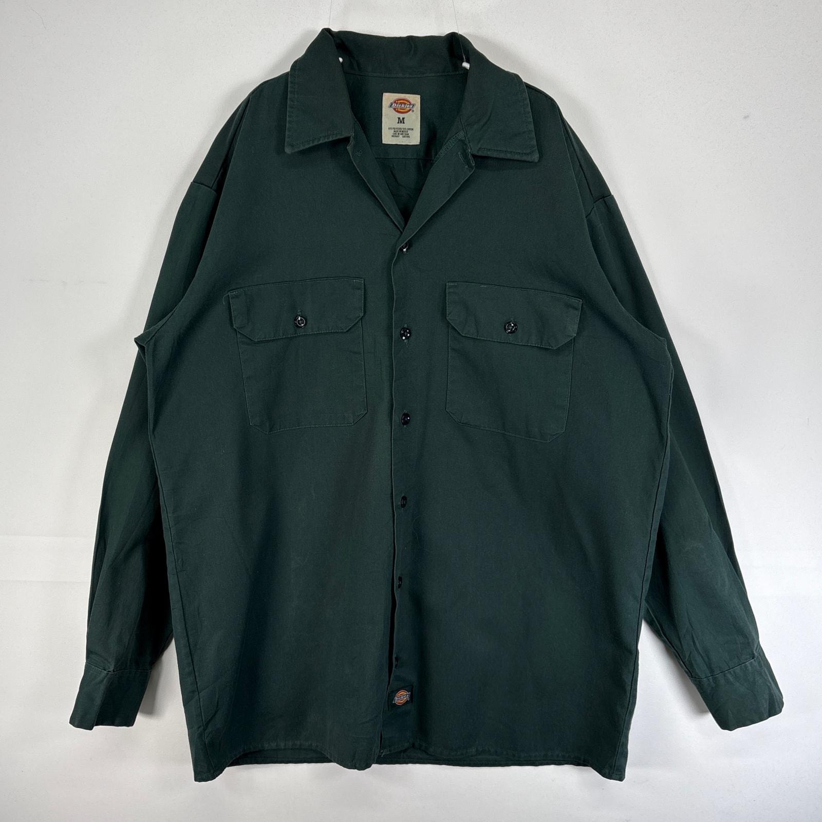 古着 ディッキーズ Dickies 長袖シャツ ワーク 作業着 フラップポケ ワンポイント ロゴ M グリーン 無地 メンズ