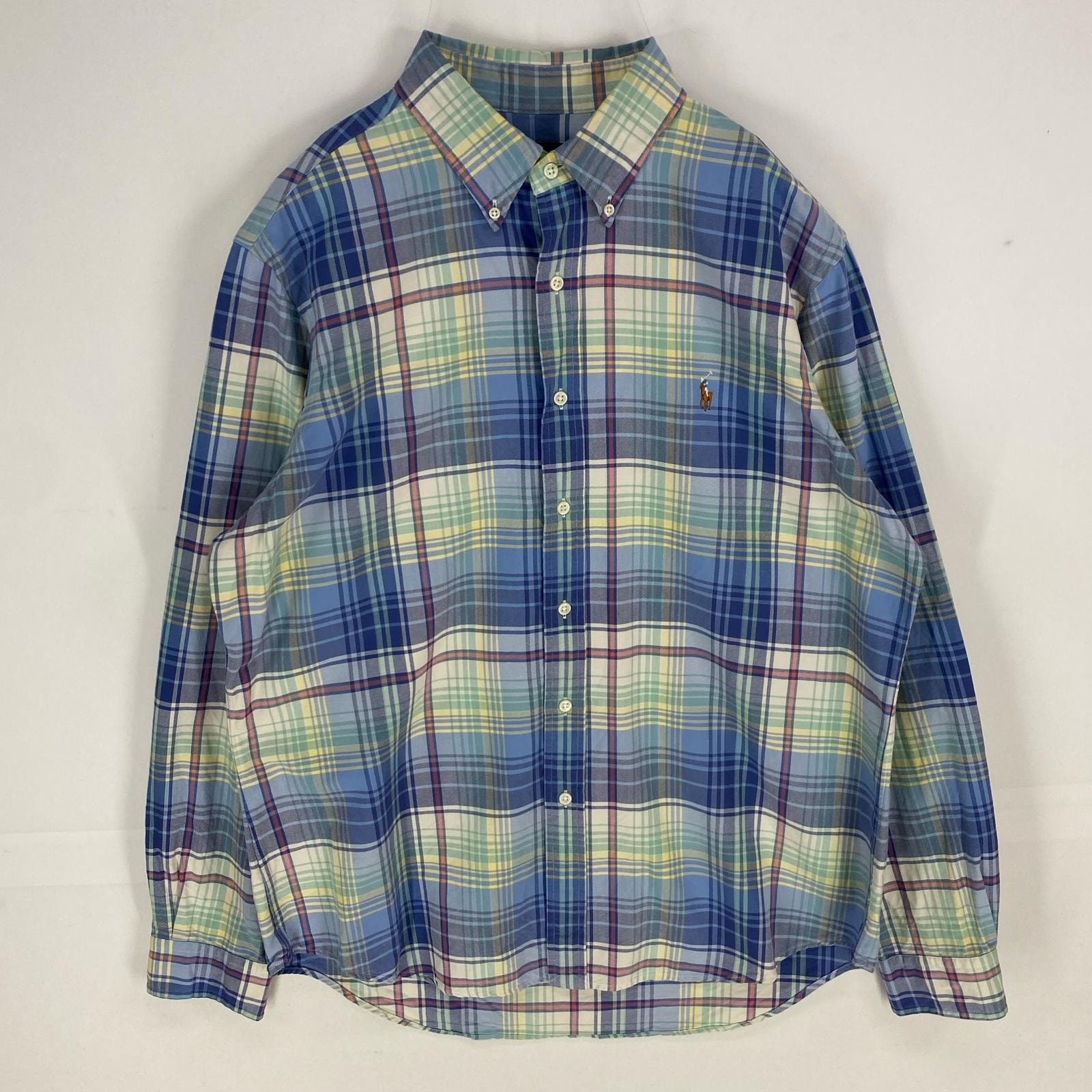 古着 ラルフローレン RALPH LAUREN 長袖シャツ ボタンダウン 刺繍ロゴ ロングスリーブ L  ブルー系 チェック メンズ