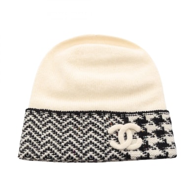 シャネル CHANEL ココマーク 千鳥格子 ヘリンボーン ニットキャップ ニットキャップ 帽子 カシミヤ レディース アイボリー系 / ブラック系 【中古】