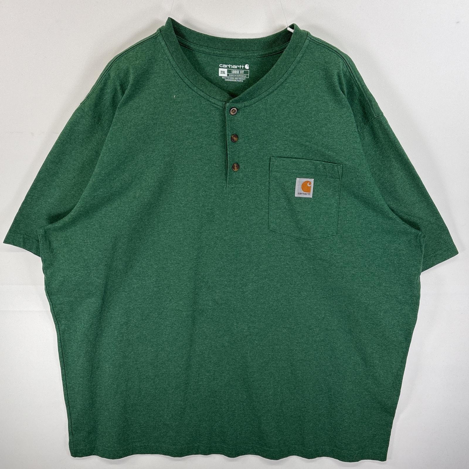 古着 カーハート Carhartt 半袖Tシャツ 肉厚 ワンポイント ロゴ ヘンリーネック 2XL  グリーン 無地 メンズ