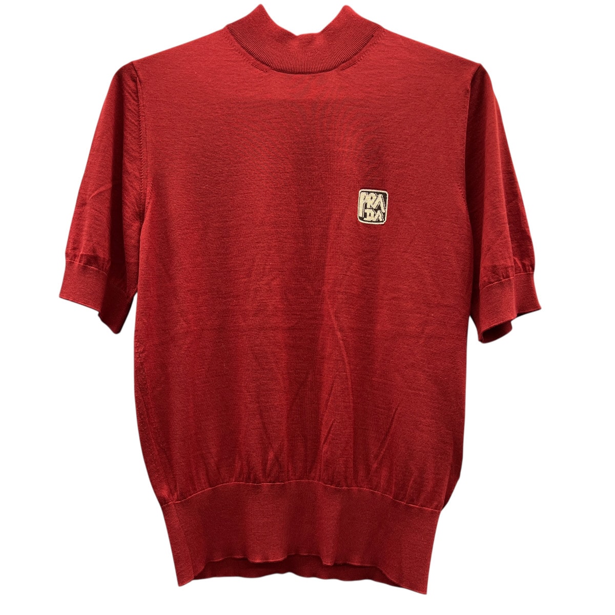 PRADA 極美品 プラダ ロゴ モックネック ニット 半袖 2018年 UMR438 レッド マルチカラー #48 セーター カットソー メンズ Aランク 中古 鑑定済 プラダニット