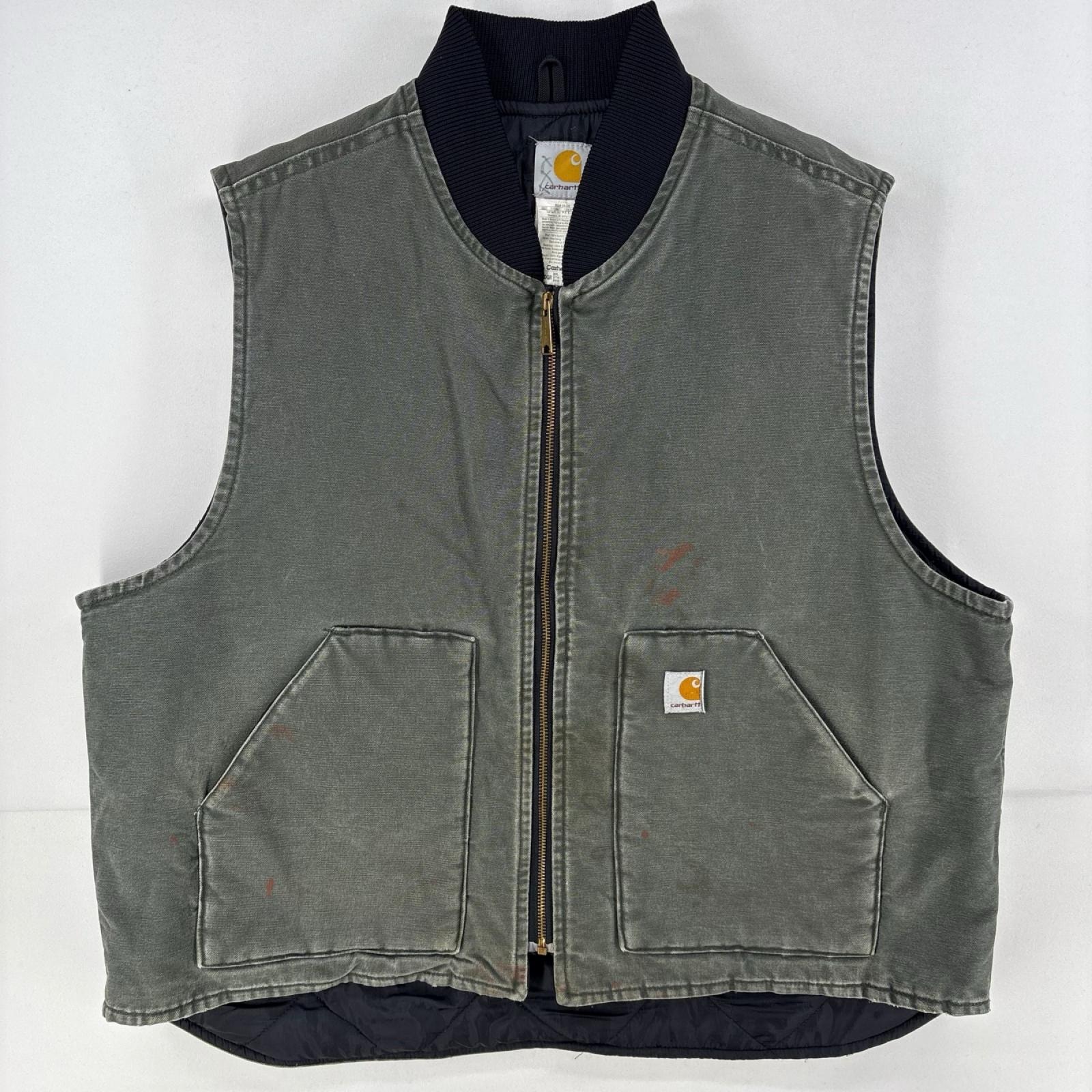 古着 カーハート Carhartt ベスト ダック ワンポイント ワーク 中綿 フルジップ 作業着 オリーブ 大きいサイズ 2XL  グリーン メンズ