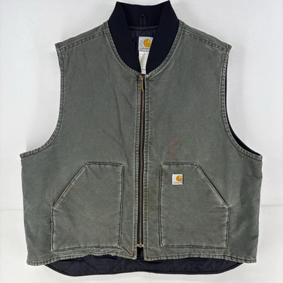 古着 カーハート Carhartt ベスト ダック ワンポイント ワーク 中綿 フルジップ 作業着 オリーブ 大きいサイズ 2XL グリーン メンズ