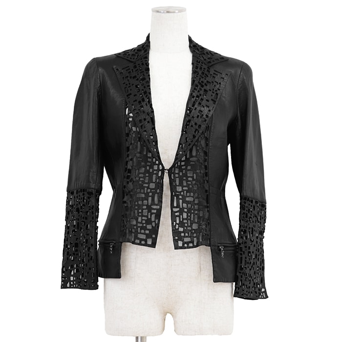 【美品】CHANEL シャネル レザージャケット パンチング P41109 サイズ 40 レディース 2011年製 ラムスキン シアー カットワーク ノーカラー アウター ブラック 黒 フランス製 カール・ラガーフェルド