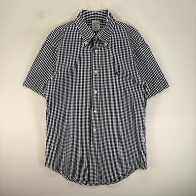古着 ブルックスブラザーズ Brooks Brothers 半袖シャツ ボタンダウン 刺繍ロゴ M ネイビー系 チェック メンズ