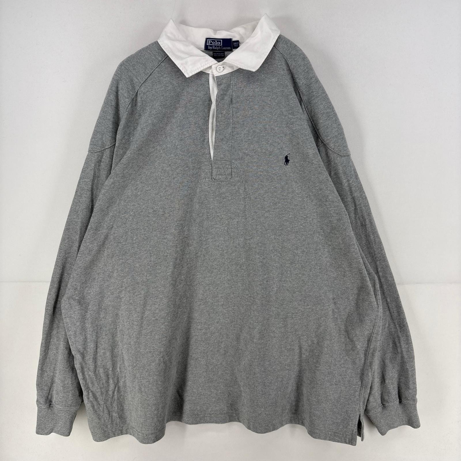 古着 ポロ・ラルフローレン POLO RALPH LAUREN 長袖シャツ ラガーシャツ エルボーパッチ ラグビー 刺繍 3XL  グレー 無地 メンズ