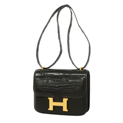 ★SALE【6ie7163】エルメス ショルダーバッグ コンスタンスミニ ポロサス ブラック ゴールド金具 □C刻印【中古】レディース