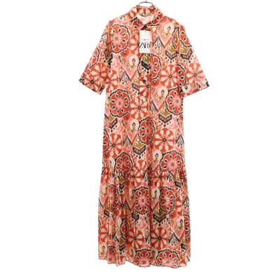 未使用 ZARA ザラ 総柄 5分袖 ロングワンピース XS レッド系
