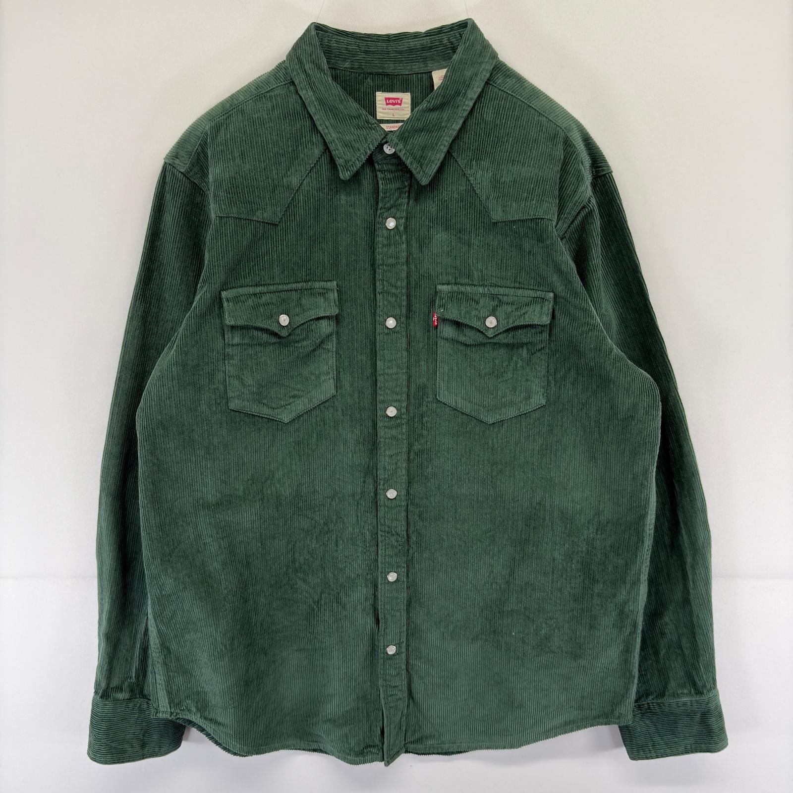 古着 リーバイス Levi's コーデュロイ 長袖シャツ 胸ポケット ウエスタン L  グリーン系 メンズ