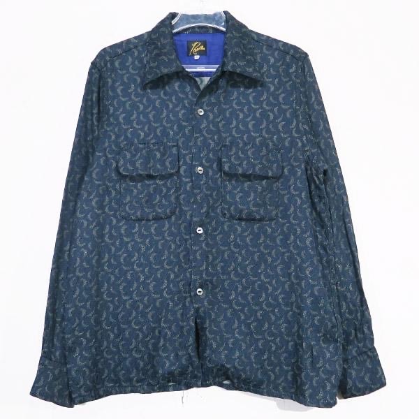 Needles ニードルズ CLASSIC SHIRT R/PE CRESCENT JQ. PU160 クラシック シャツ レーヨン ポリエステル クレセント ジャガード ロングスリーブ ネイビー 長袖 三日月模様 サイズM