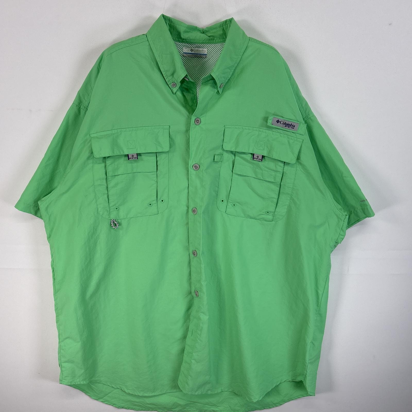 古着 コロンビア Columbia 半袖シャツ PFG フィッシングギア ワンポイント ロゴ L  グリーン系 無地 メンズ