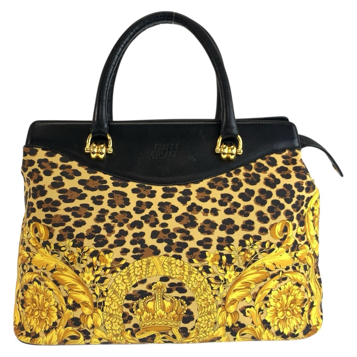 VERSACE ヴェルサーチ レオパード柄 イエロー ブラック ゴールド金具 PVC レザー/ トートバッグ ハンドバッグ 603217 【中古】