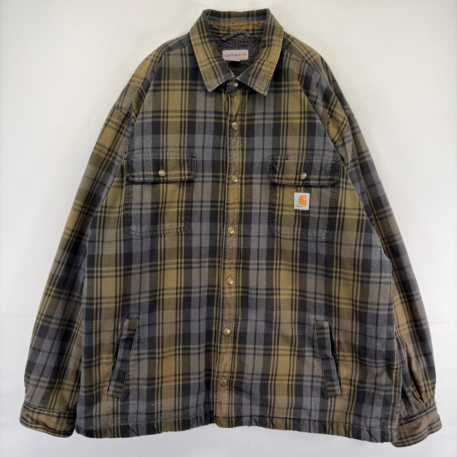 古着 カーハート Carhartt ジャケット ワンポイントロゴ 大きいサイズ ロゴ シャツ ボアライナー 2XL  グレー系 チェック メンズ
