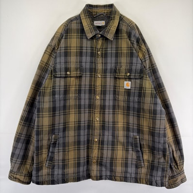 古着 カーハート Carhartt ジャケット ワンポイントロゴ 大きいサイズ ロゴ シャツ ボアライナー 2XL グレー系 チェック メンズ