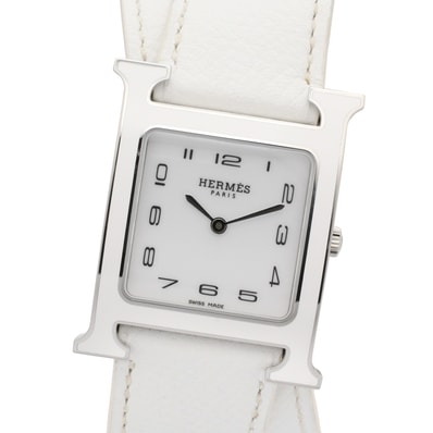 エルメス HERMES Hウォッチ ドゥブルトゥール 腕時計 時計 ステンレススチール レザーベルト レディース ホワイト系 HH1.520 【中古】