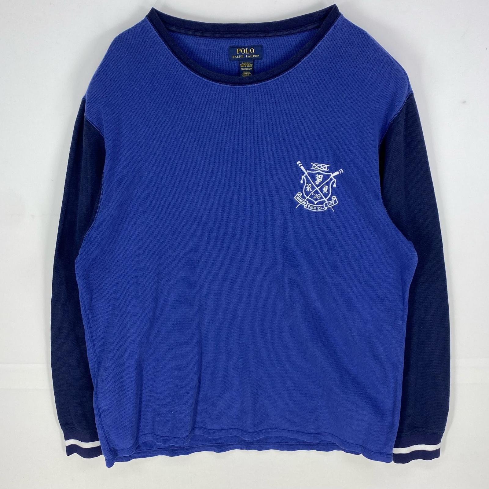古着 ポロ・ラルフローレン POLO RALPH LAUREN 長袖Tシャツ クルーネック ロゴ刺繍 ワッフル生地 2XL  ブルー系 メンズ