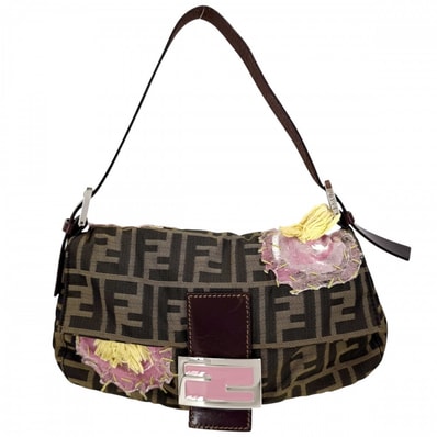 FENDI フェンディ ハンドバッグ マンマバケット 刺繍 セミショルダーバッグ 肩掛け 26424 フラワーモチーフ キャンバス レザー ブラウン 茶 ピンク シルバー金具 レディース【中古品】