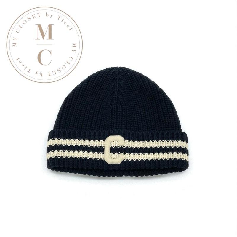 セリーヌ CELINE 帽子 コットン ネイビー アイボリー Cロゴ ニットキャップ ニット帽