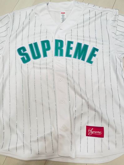 Supreme Rhinestone Stripe Baseball Jersey "White"