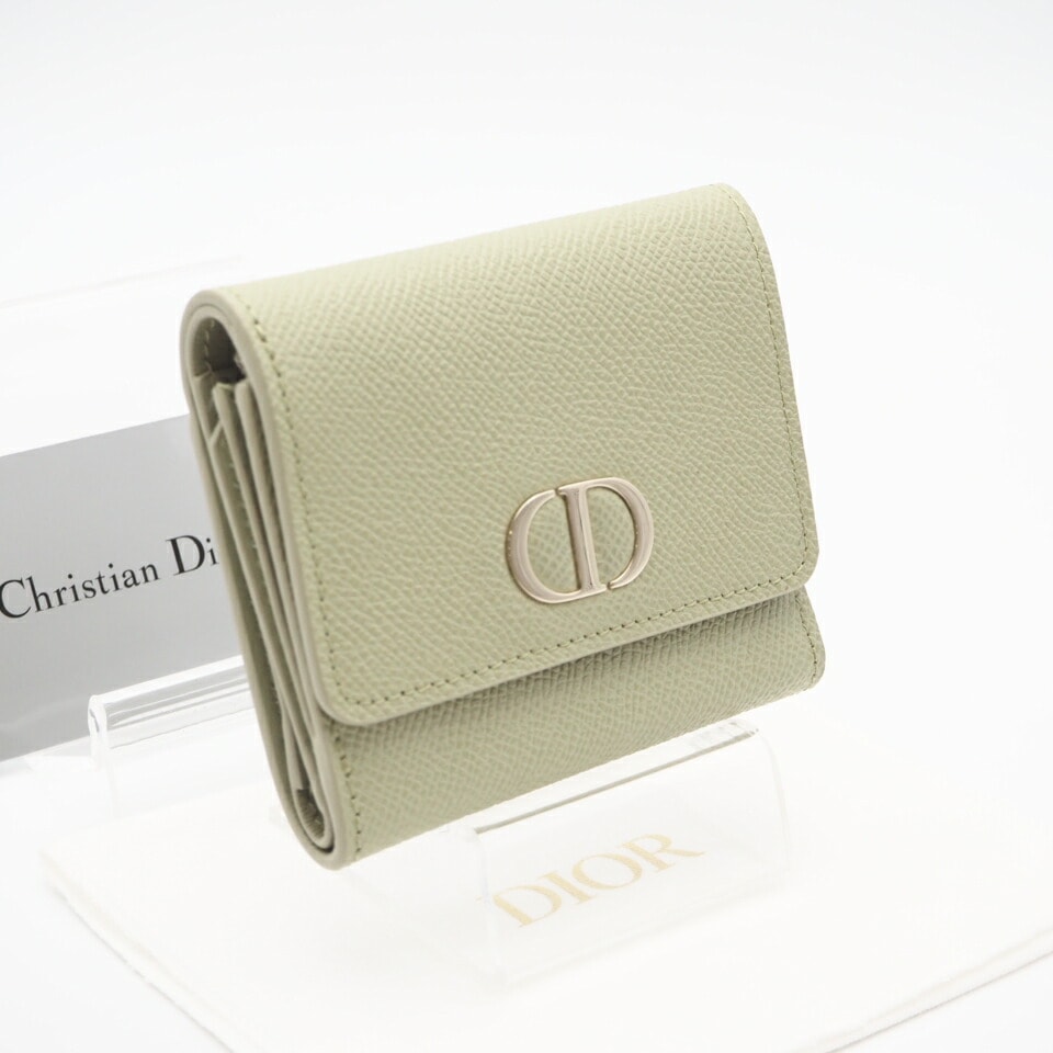 極美品 Dior ディオール 30 MONTAIGNE モンテーニュ ロータスウォレット S2057OBAE 三つ折り財布 グリーン グレインカーフレザー レディース