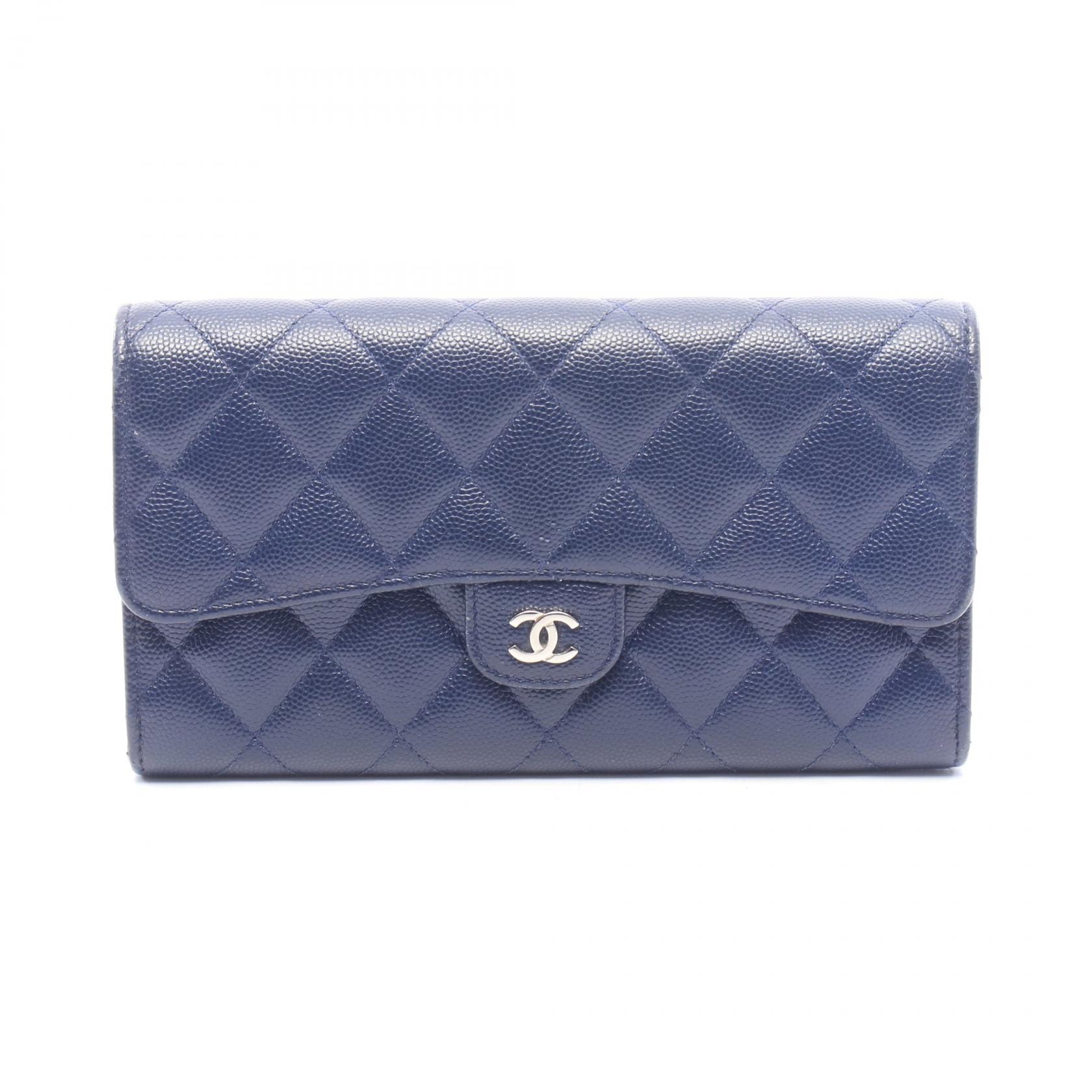 シャネル CHANEL マトラッセ 二つ折り長財布 財布 キャビアスキン(グレインドカーフ) レディース ネイビー系 【中古】