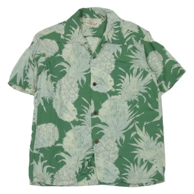 SUN SURF サンサーフ SS37452 ISLAND PINEAPPLE パイナップル ボーダー レーヨン 開襟 半袖 アロハ シャツ グリーン系 オフホワイト系 M 15 - 15.5【中古】