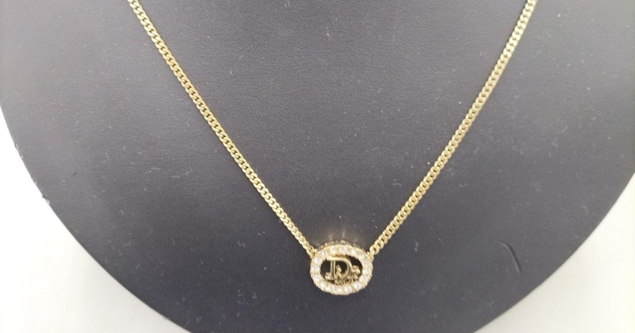 Dior Logo Rhinestone Oval Necklace "Gold"