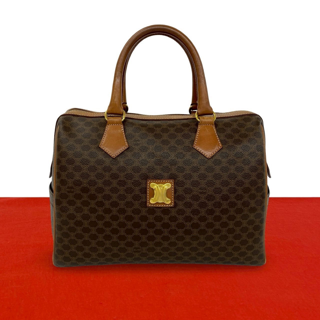 CELINE セリーヌ マカダム 柄 トリオンフ ロゴ 金具 PVC レザー ハンドバッグ ブラウン
 a65-2