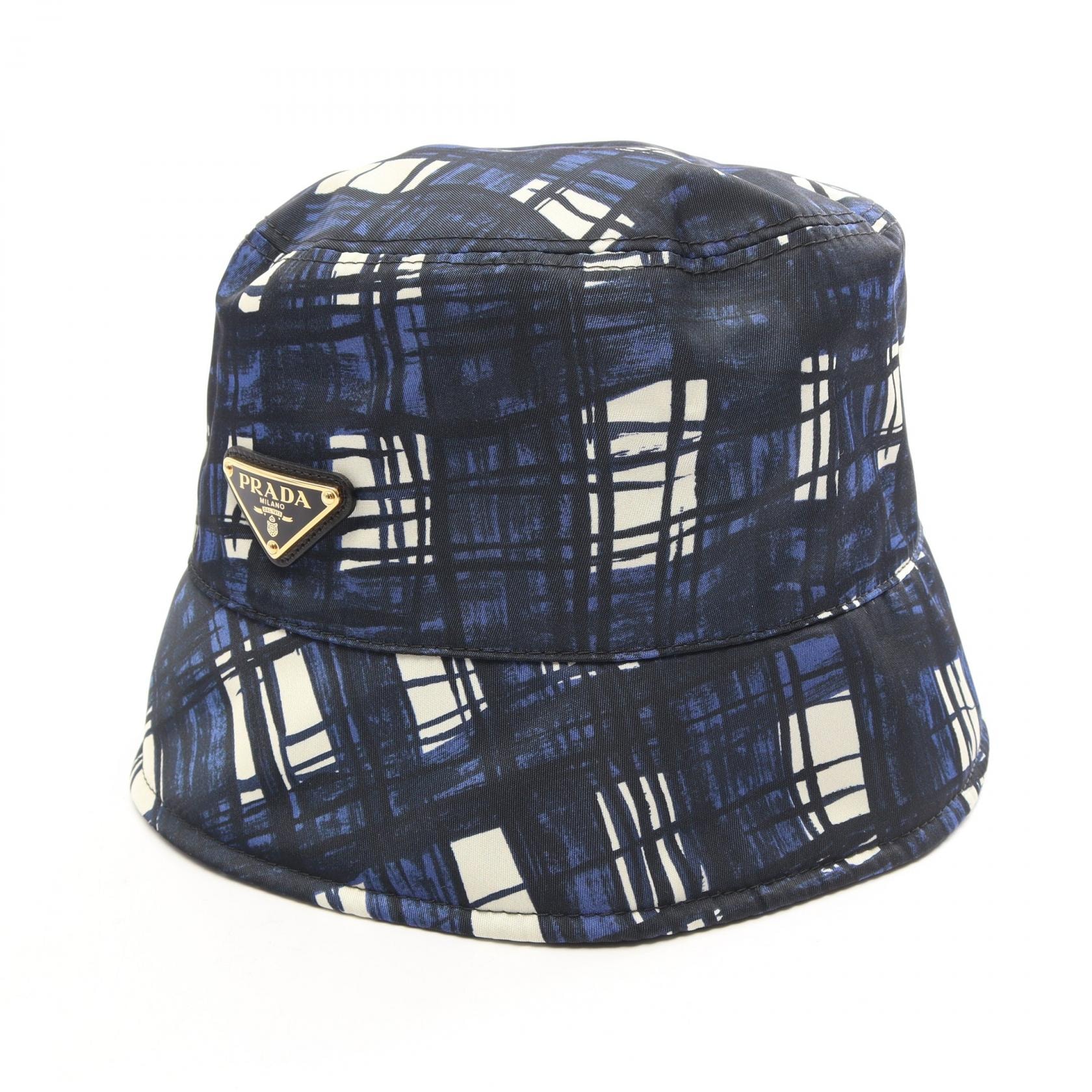 プラダ PRADA Re-Nylon チェック柄 バケット ハット 帽子 ナイロン レディース ネイビー系 / ホワイト系 【中古】