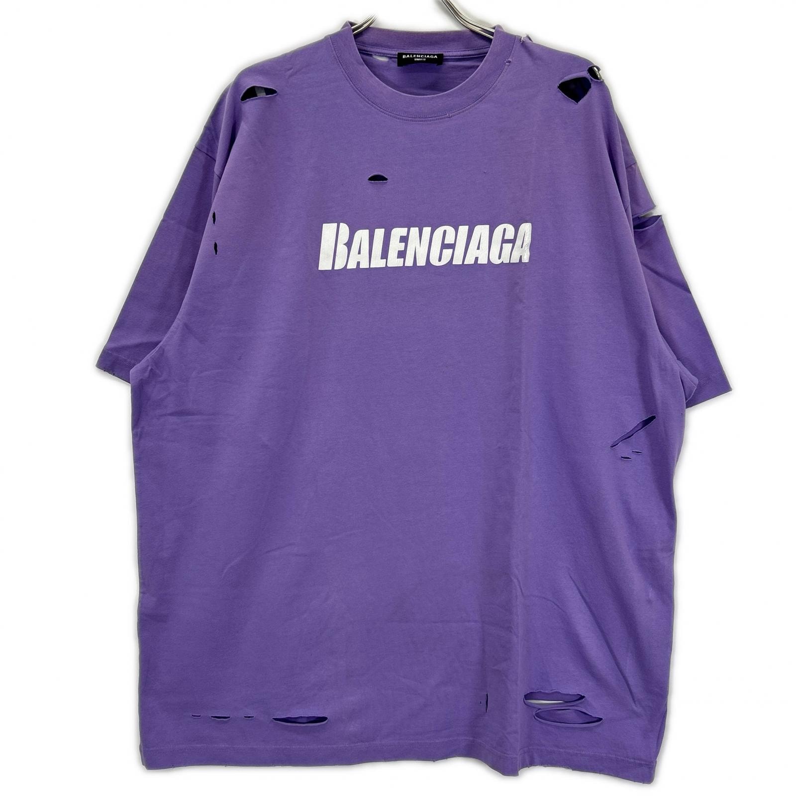 バレンシアガ 21年 651795 パープル デストロイ加工 Tシャツ L