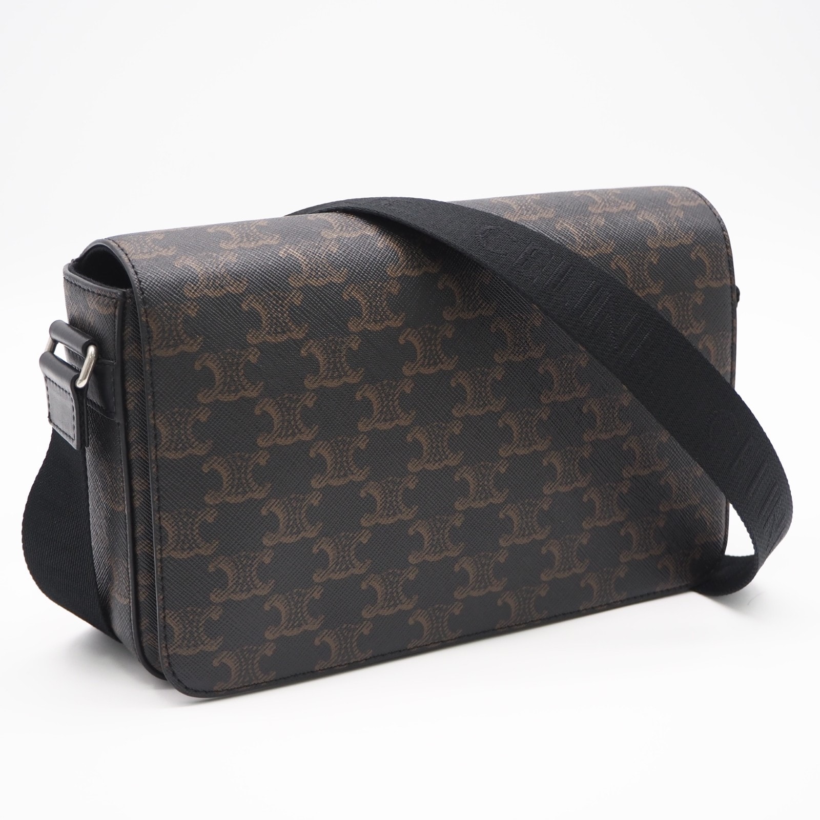 美品 CELINE セリーヌ トリオンフキャンバス フラップ メッセンジャー 111592 ショルダーバッグ ブラウン ブラック キャンバス レザー レディース