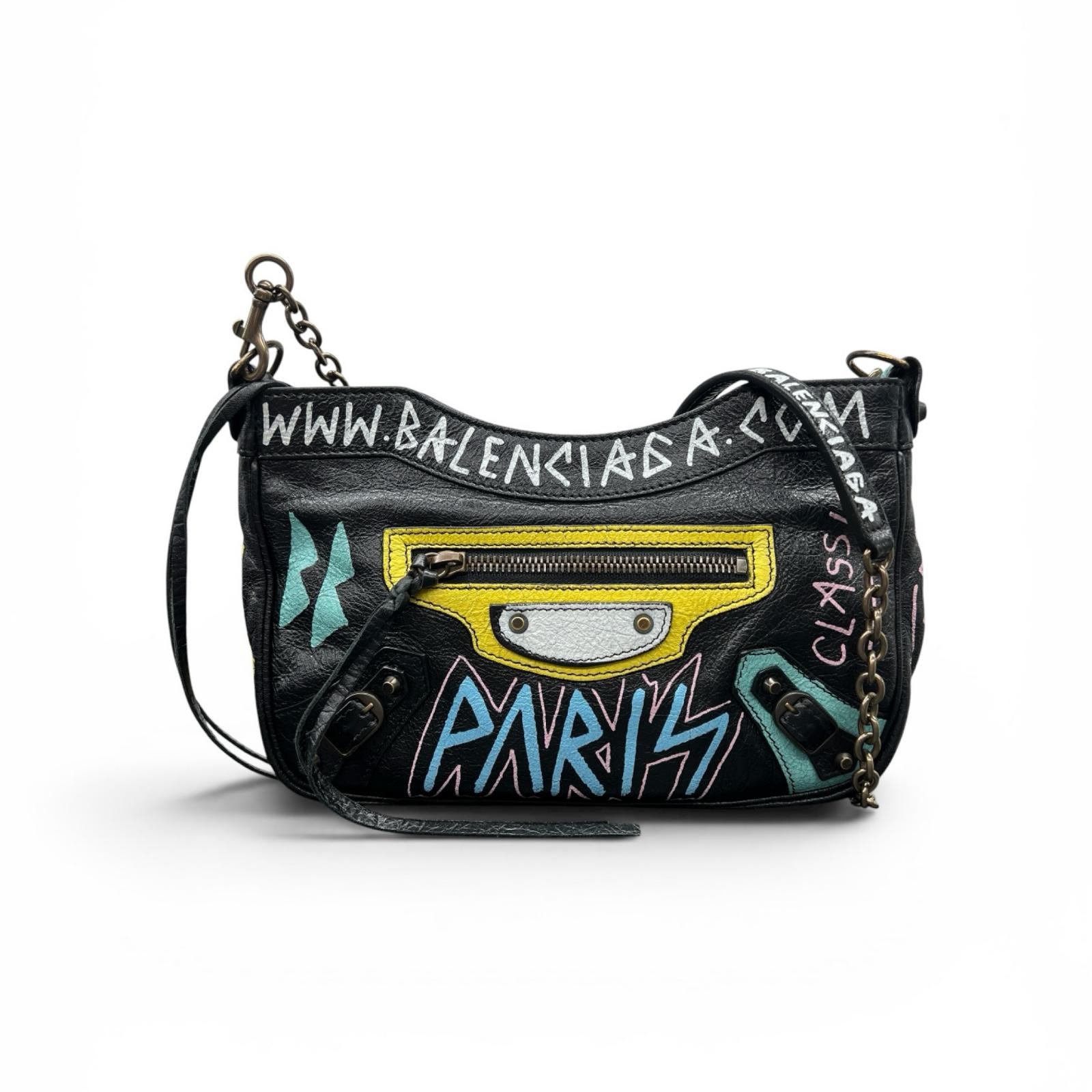 BALENCIAGA 希少 極美品 バレンシアガ グラフィティ バザール 2way チェーンショルダーバッグ 516260 レザー ブラック ロゴ クロスボディ ポシェット Y2K Aランク 中古 鑑定済 バレンシアガバッグ