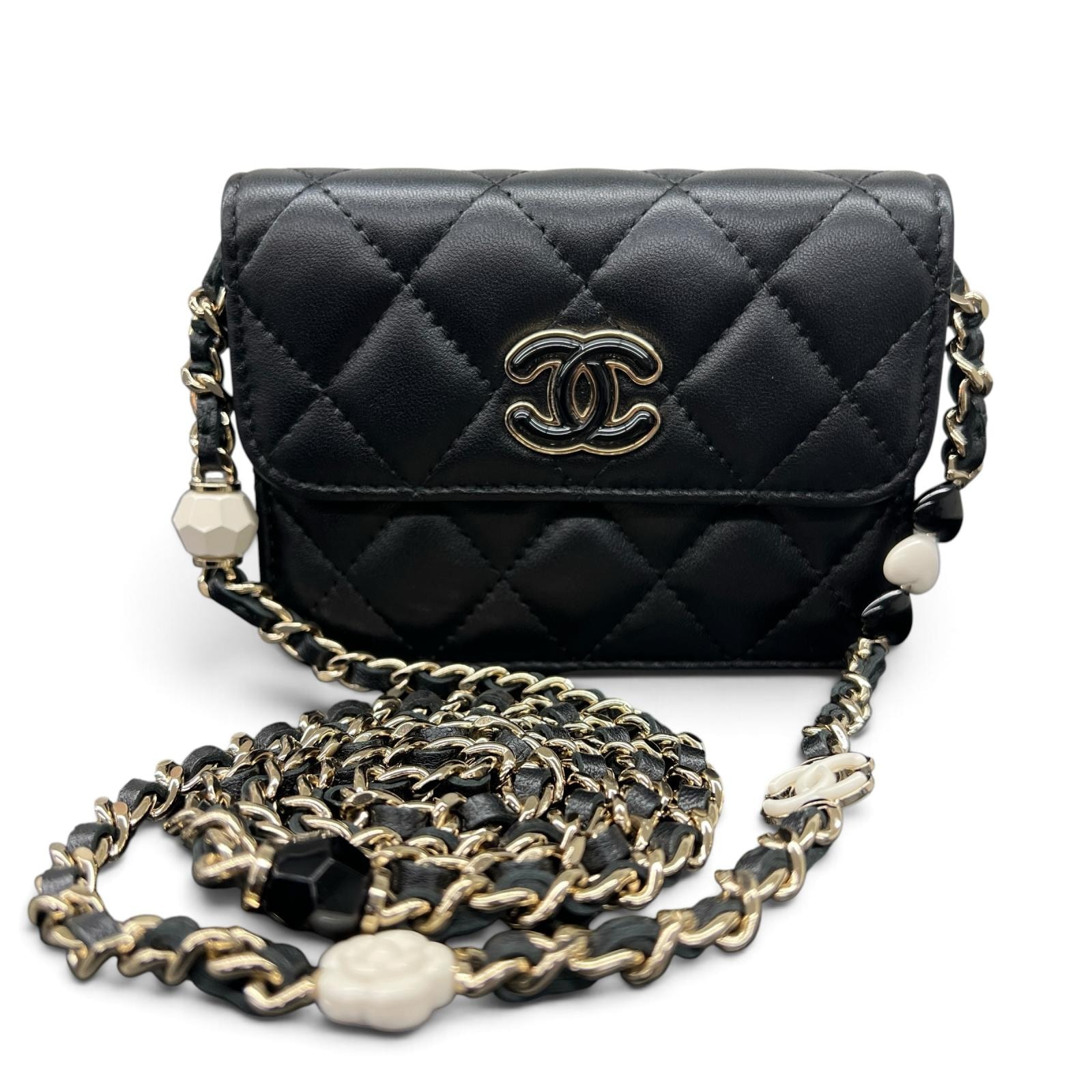 CHANEL 希少 極美品 シャネル ミニマトラッセ カメリア ココマーク チェーンショルダーバッグ チェーンウォレット ラムスキン 新型シリアルシール レザー ブラック コインケース ミニミニ ポシェット ココマーク Aランク 中古 鑑定