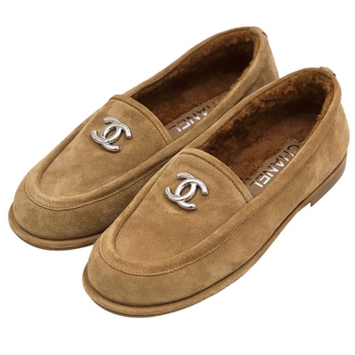 【新品同様】CHANEL シャネル ローファー サイズ 37C レディース ココマーク メタルチャーム スウェード シューズ 靴 袋付属 キャメル スペイン製