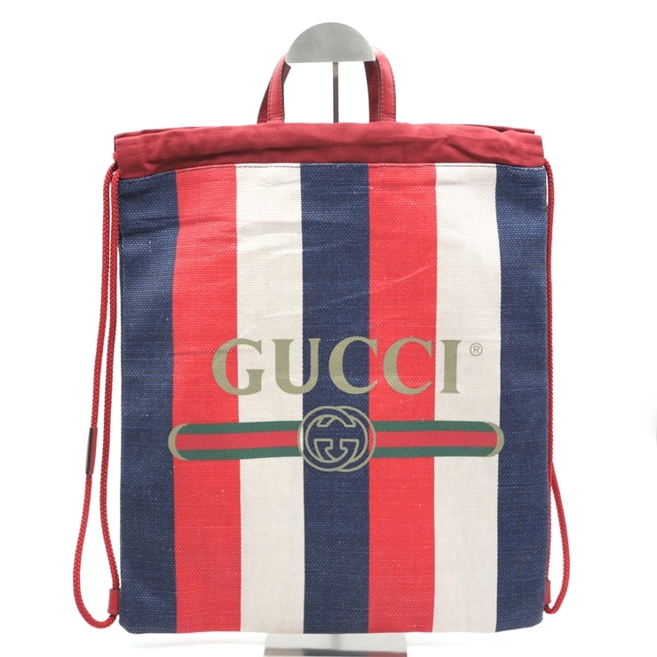 GUCCI(グッチ)プリント ミディアム ドローストリング バックパック リュック ナップサック トリコロール ストライプ キャンバス レザー 473872【中古】