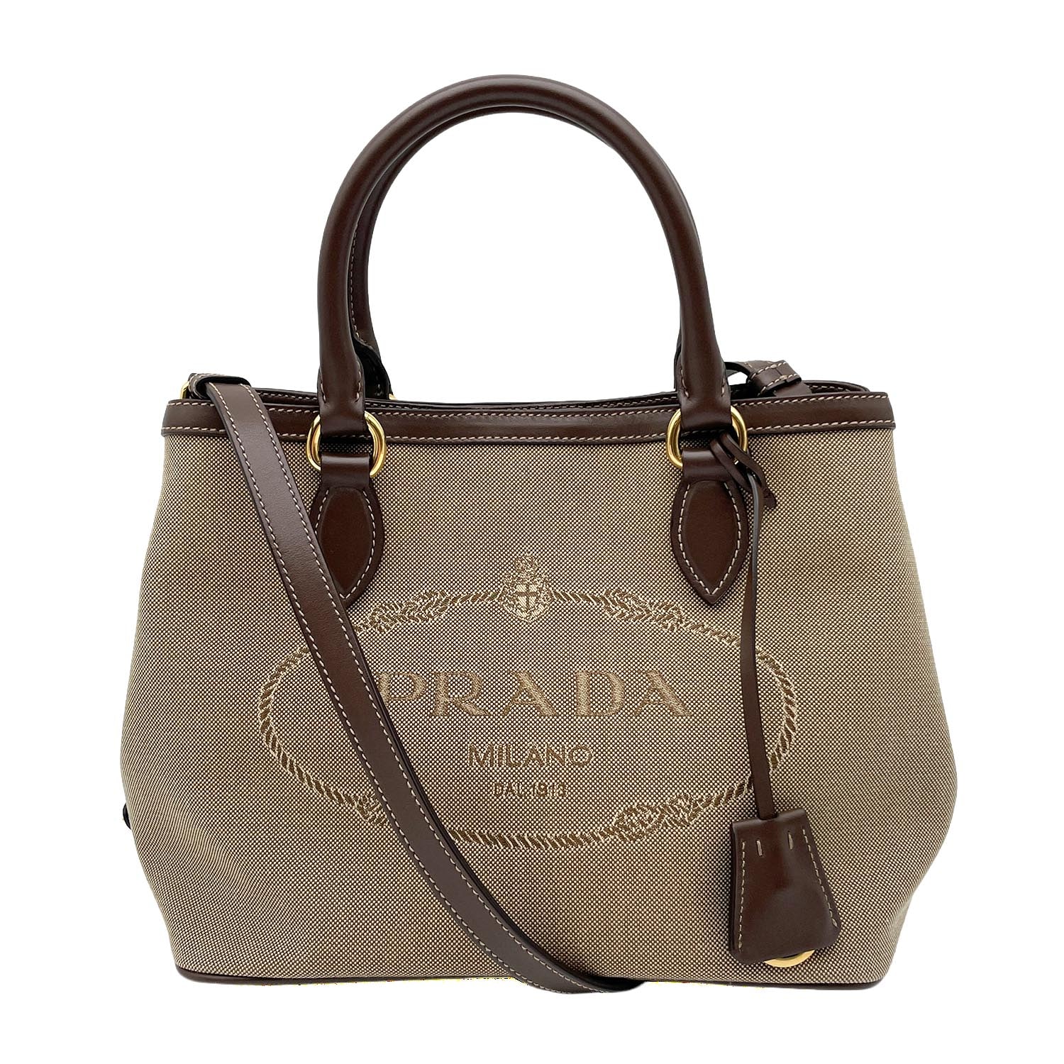 PRADA プラダ ロゴ ジャカード 2WAY ショルダーバッグ
 トライアングルロゴ 1BA172 キャンバス レザー ブラウン レディース
 【中古】