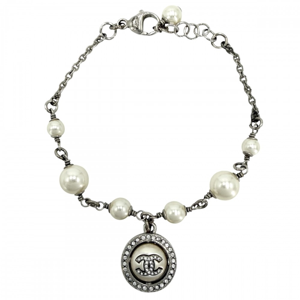 CHANEL シャネル ブレスレット ココマーク アクセサリー アジャスター付き フェイクパール  ラインストーン   D19K シルバー ホワイト 白 レディース 約8.5g 2019年【中古品】