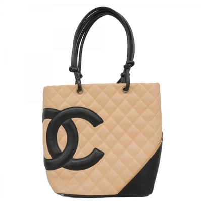 【6dd4472】シャネル トートバッグ カンボン ラムスキン ベージュ ブラック シルバー金具【中古】レディース