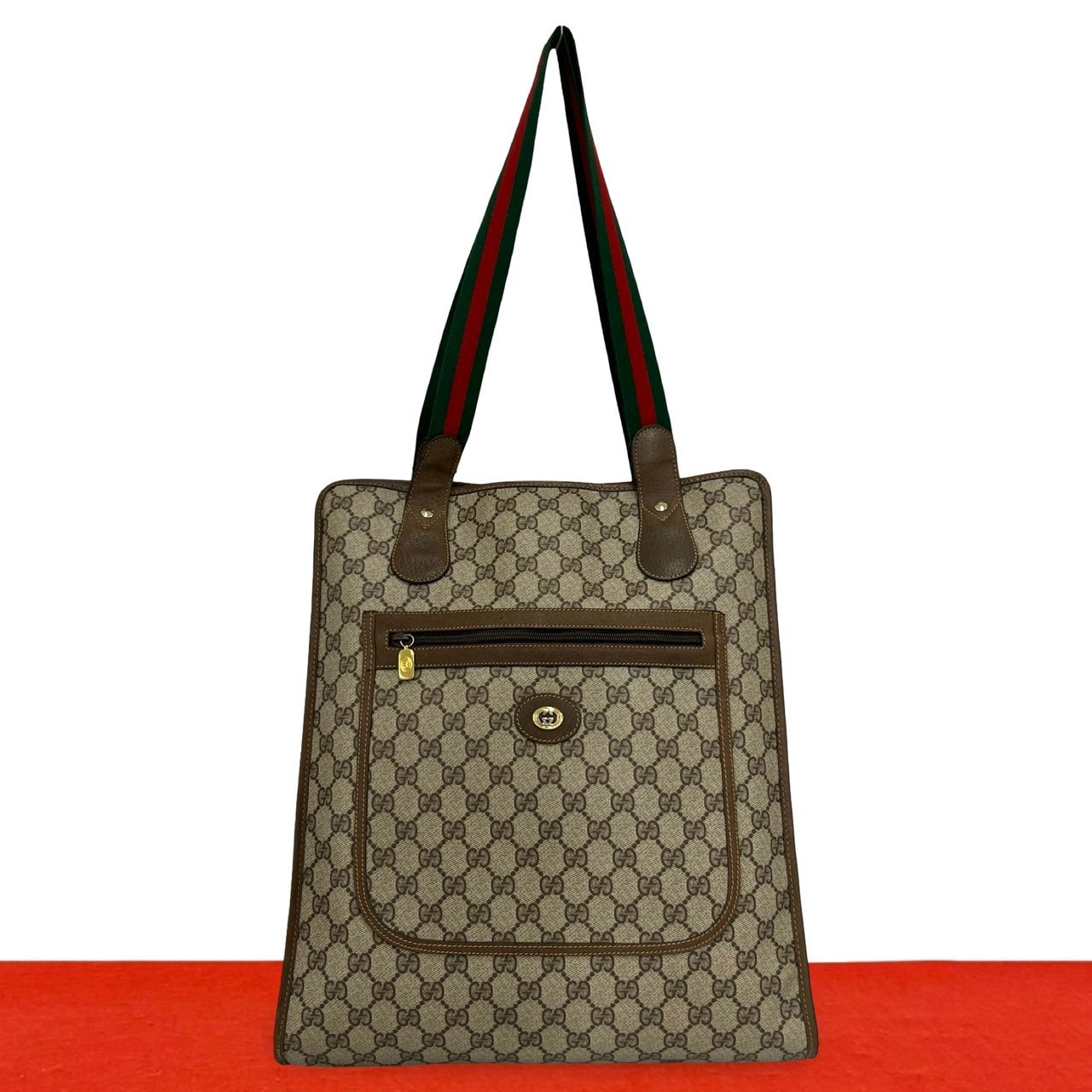 GUCCI グッチ シェリーライン GG ロゴ 柄 金具 レザー PVC トートバッグ ブラウン
 46516
