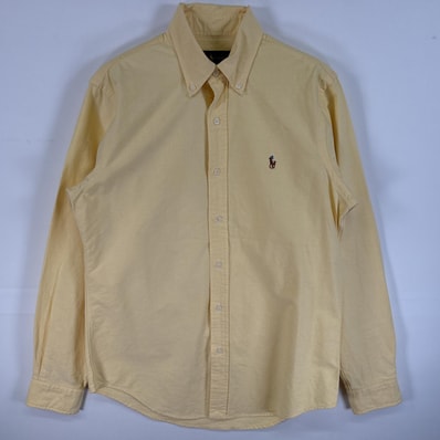 古着 ラルフローレン RALPH LAUREN 長袖シャツ ワンポイント ロゴ 刺繍 ボタンダウンシャツ S イエロー 無地 メンズ