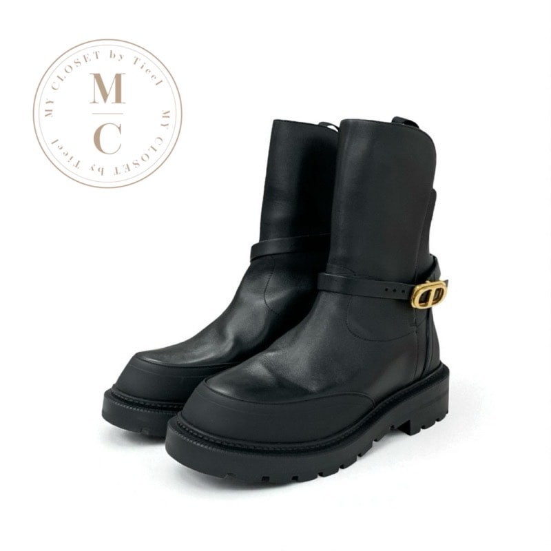 クリスチャンディオール CHRISTIAN DIOR DIOR EMPREINTE ブーツ ショートブーツ 靴 シューズ レザー ブラック 黒 ゴールド ベルト ロゴ