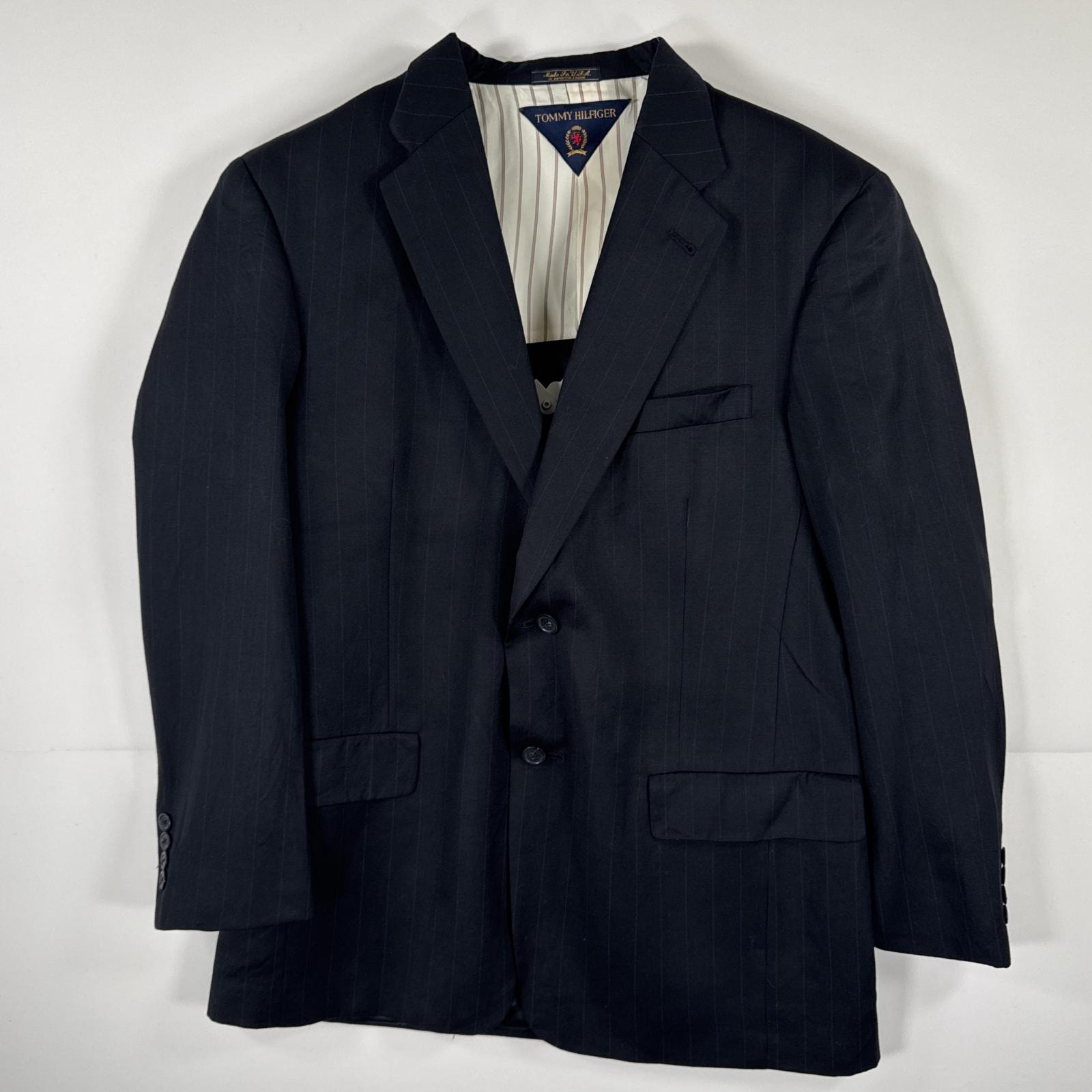 古着 トミーヒルフィガー TOMMY HILFIGER USA製 テーラードジャケット ブレザー スーツ 大きいサイズ 41R  ブラック ストライプ メンズ