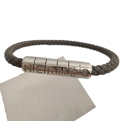 HERMES エルメス GOLIATH ゴリアテ ロゴ 刻印 レザー編み込み ブレスレット レザー グレー Étain/エタン メンズ【中古】