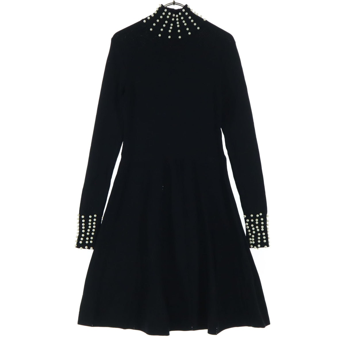 美品 ZARA ザラ 長袖 ハイネック ニット 膝丈ワンピース M ブラック ビジュー