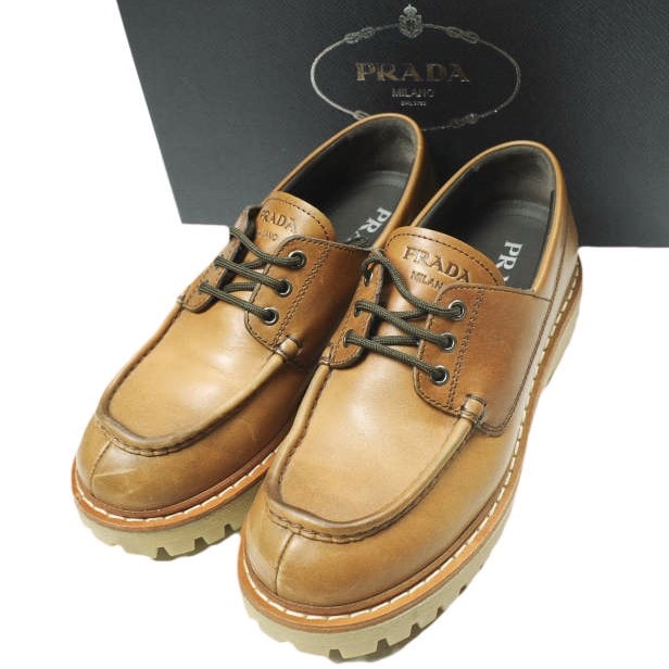 PRADA プラダ イタリア製 カーフレザーモックトゥレースアップシューズ 2EE416 070 81/2(27.5cm) COGNAC 外羽根 シューズ g25769
